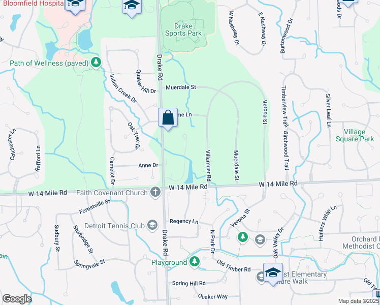 map of restaurants, bars, coffee shops, grocery stores, and more near 7403 Sherwood Creek Court in West Bloomfield Township