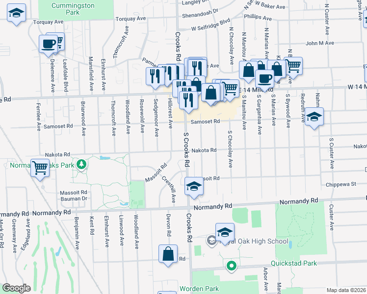 map of restaurants, bars, coffee shops, grocery stores, and more near 4403 Crooks Road in Royal Oak
