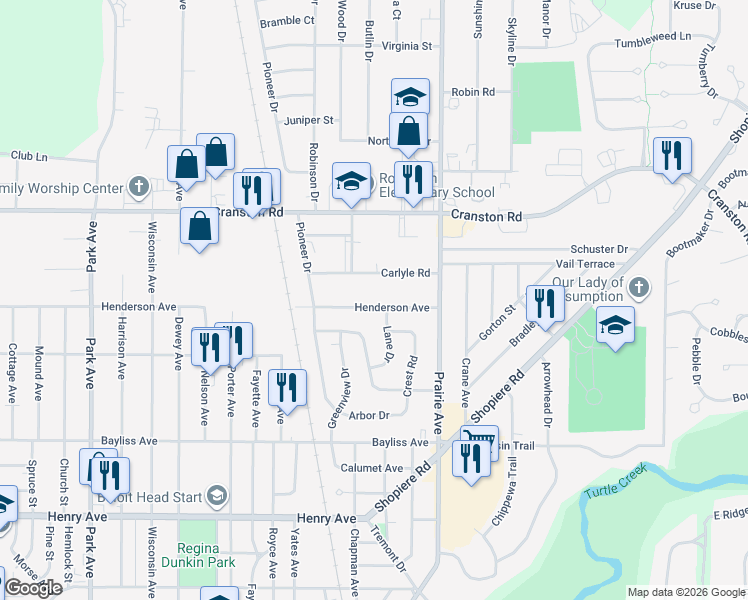 map of restaurants, bars, coffee shops, grocery stores, and more near 1719 Henderson Avenue in Beloit