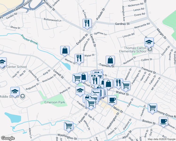 map of restaurants, bars, coffee shops, grocery stores, and more near 17 Jacobs Street in Peabody