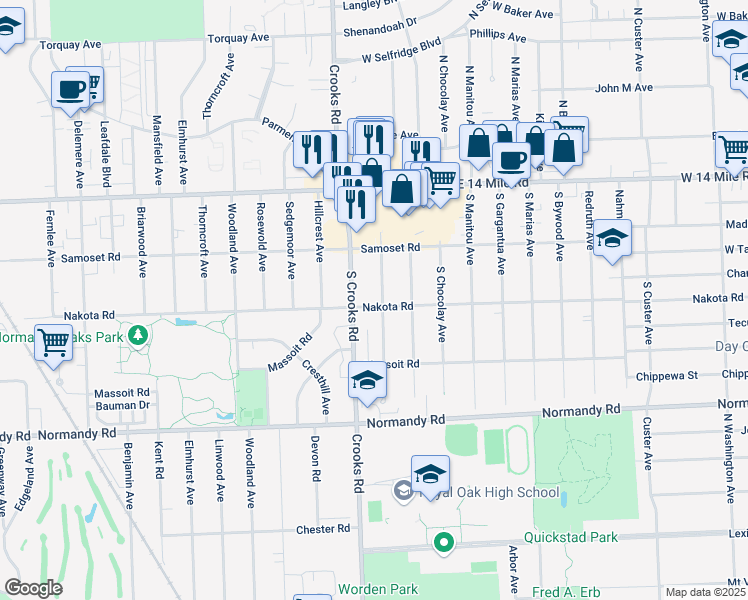map of restaurants, bars, coffee shops, grocery stores, and more near 426 South Batchewana Avenue in Clawson