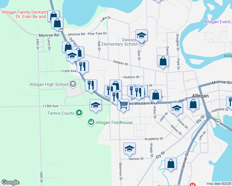 map of restaurants, bars, coffee shops, grocery stores, and more near 245 Sherman Street in Allegan