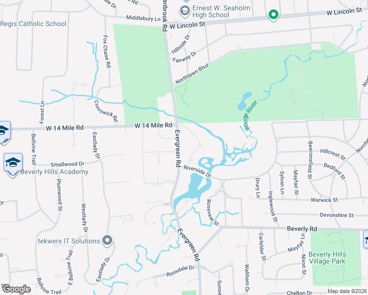 map of restaurants, bars, coffee shops, grocery stores, and more near 32700 Evergreen Road in Beverly Hills