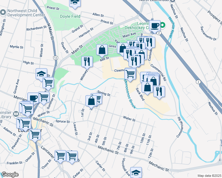 map of restaurants, bars, coffee shops, grocery stores, and more near 23 4th Street in Leominster