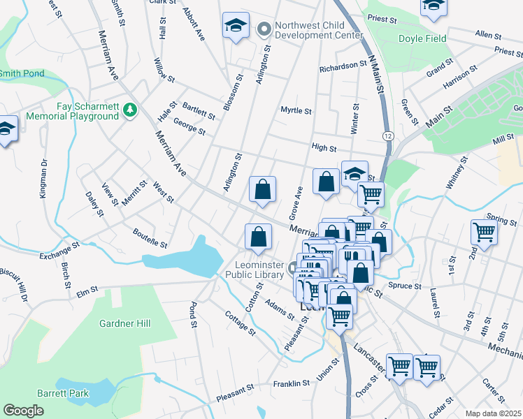 map of restaurants, bars, coffee shops, grocery stores, and more near 149 Merriam Avenue in Leominster
