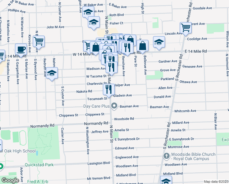 map of restaurants, bars, coffee shops, grocery stores, and more near 533 South Main Street in Clawson