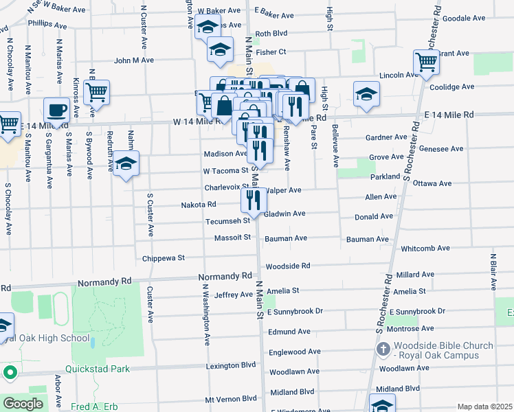map of restaurants, bars, coffee shops, grocery stores, and more near 27 Nakota Street in Clawson