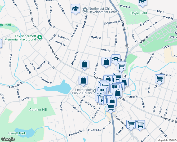 map of restaurants, bars, coffee shops, grocery stores, and more near 14 Foster Court in Leominster