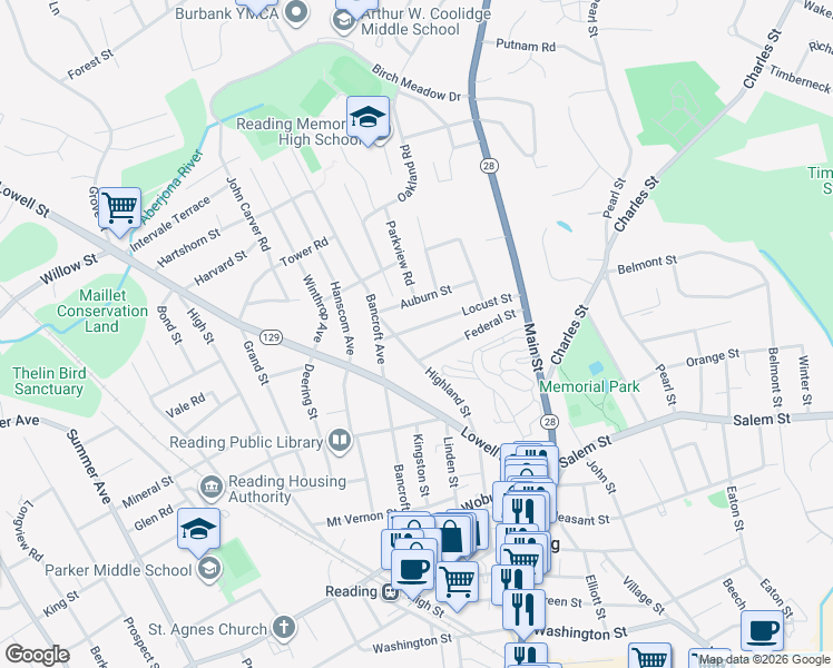 map of restaurants, bars, coffee shops, grocery stores, and more near 66 Locust Street in Reading