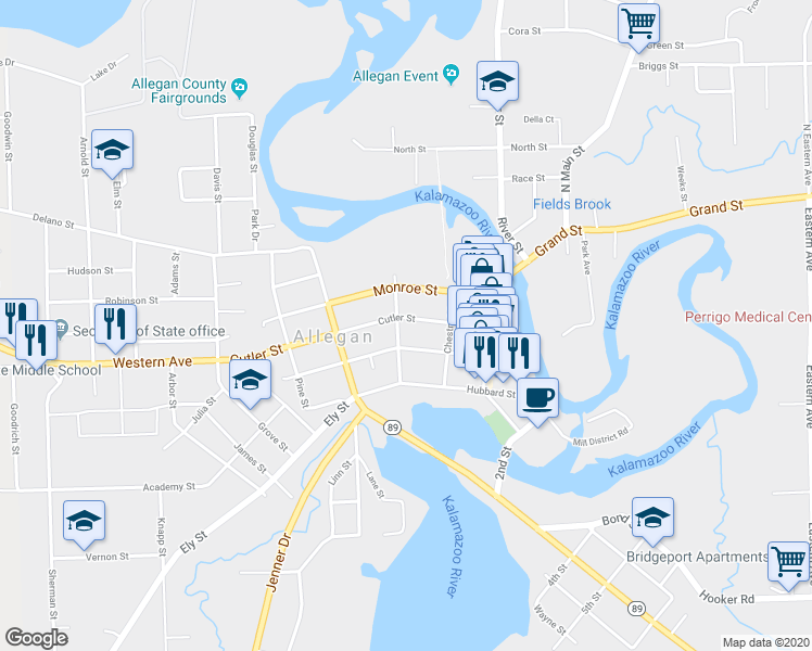 map of restaurants, bars, coffee shops, grocery stores, and more near 245 Cutler Street in Allegan