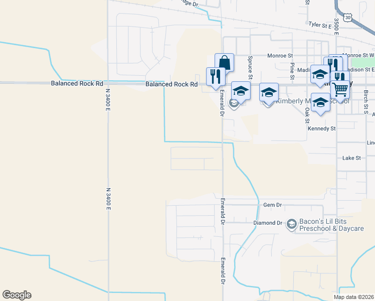 map of restaurants, bars, coffee shops, grocery stores, and more near 3673 North 3450 East in Kimberly
