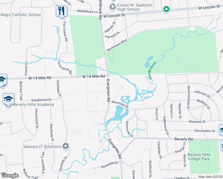 map of restaurants, bars, coffee shops, grocery stores, and more near 32700 Evergreen Road in Beverly Hills
