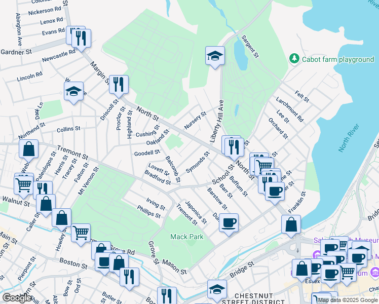 map of restaurants, bars, coffee shops, grocery stores, and more near 16 Northend Avenue in Salem
