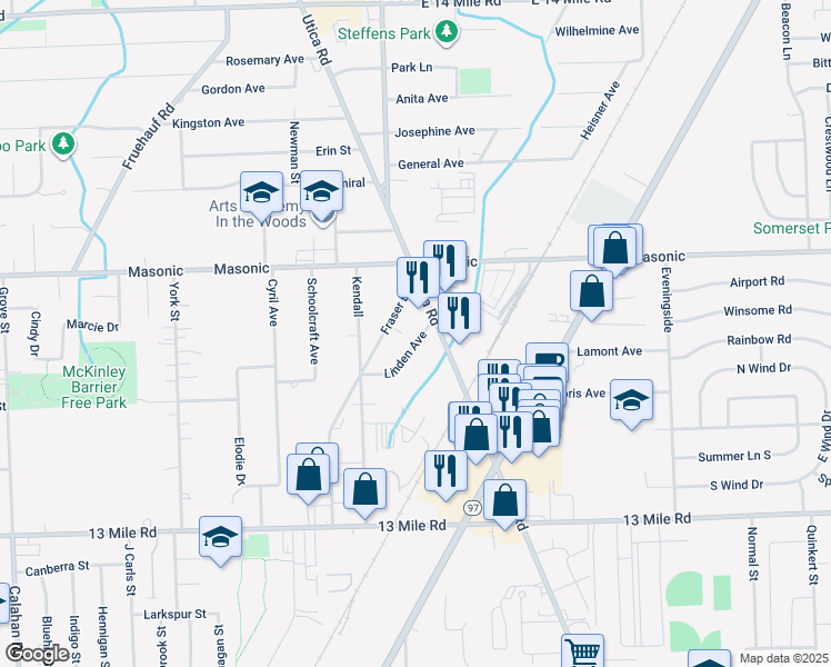 map of restaurants, bars, coffee shops, grocery stores, and more near 31741 Linden Avenue in Fraser
