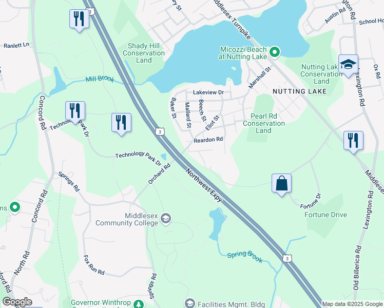 map of restaurants, bars, coffee shops, grocery stores, and more near 3 Winter Street in Billerica