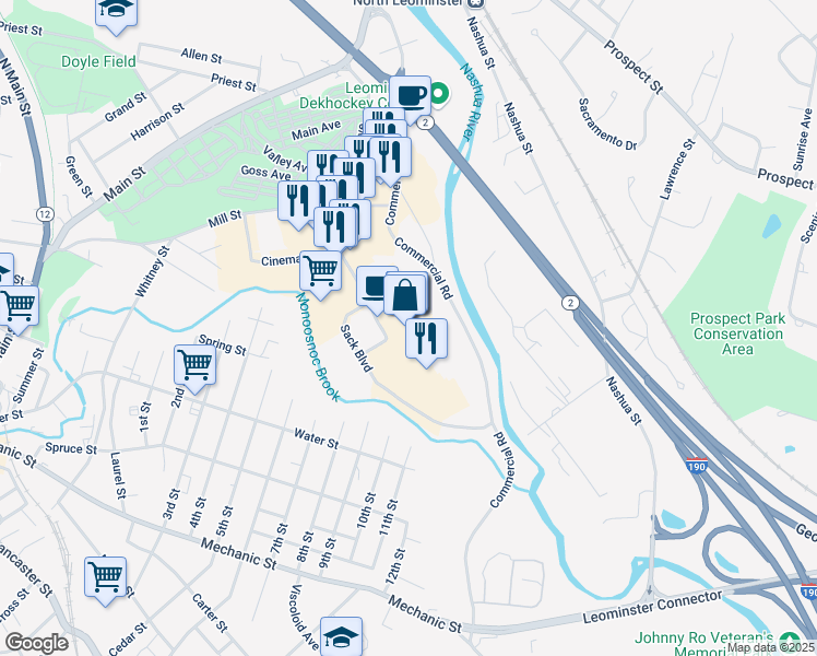 map of restaurants, bars, coffee shops, grocery stores, and more near 100 Commercial Road in Leominster