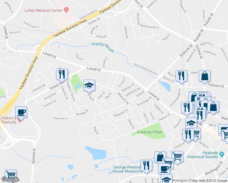 map of restaurants, bars, coffee shops, grocery stores, and more near 54 Ellsworth Road in Peabody