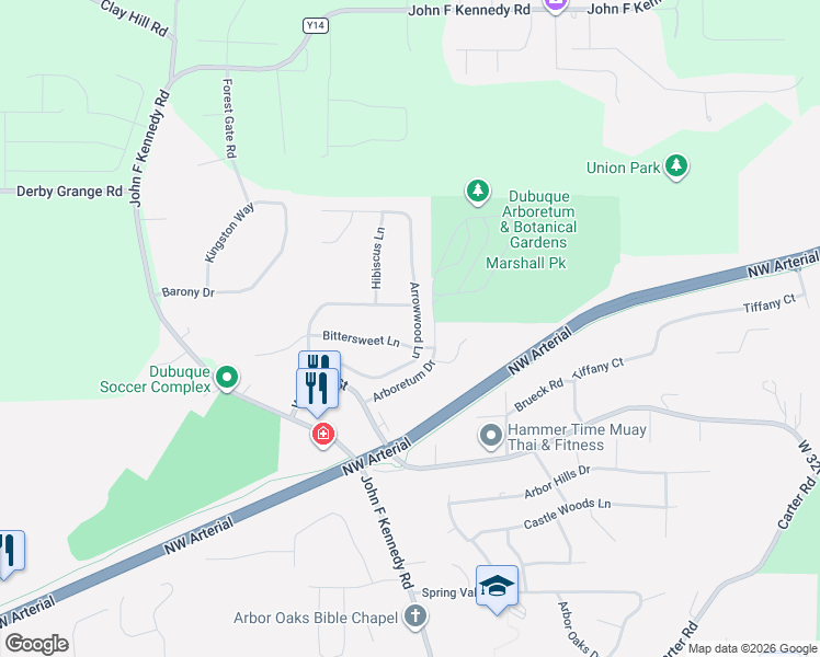 map of restaurants, bars, coffee shops, grocery stores, and more near 3321 Arrowwood Ln in Dubuque