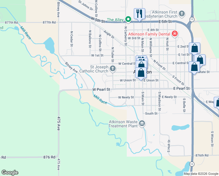 map of restaurants, bars, coffee shops, grocery stores, and more near 510 West Pearl Street in Atkinson