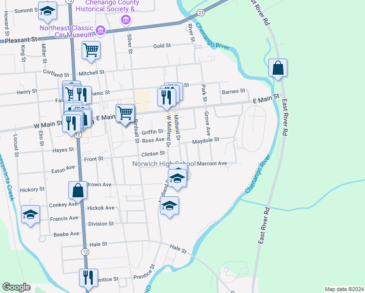 map of restaurants, bars, coffee shops, grocery stores, and more near 4 Maydole Street in Norwich
