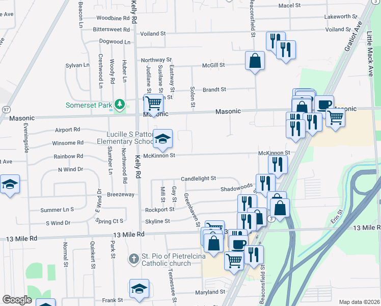 map of restaurants, bars, coffee shops, grocery stores, and more near 19135 McKinnon Street in Roseville