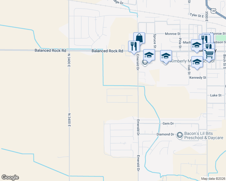 map of restaurants, bars, coffee shops, grocery stores, and more near 3673 North 3450 East in Kimberly