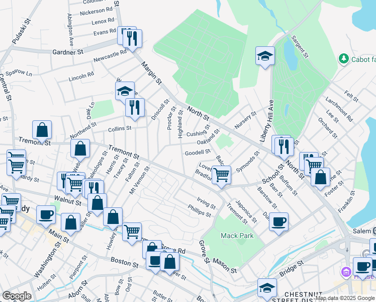 map of restaurants, bars, coffee shops, grocery stores, and more near 24 Goodell Street in Salem