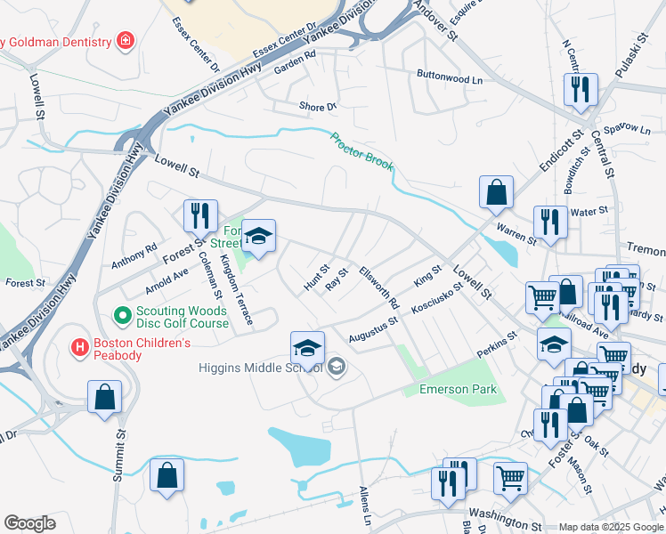 map of restaurants, bars, coffee shops, grocery stores, and more near 2 Hunt Street in Peabody