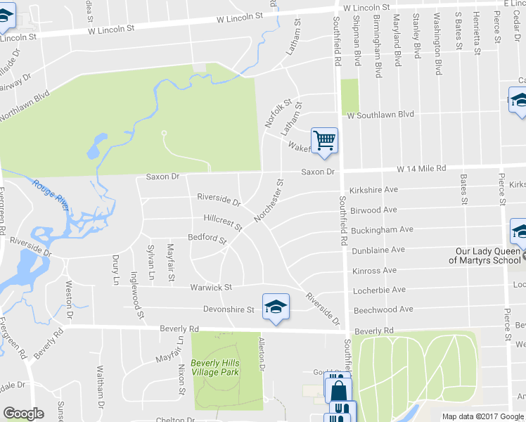 map of restaurants, bars, coffee shops, grocery stores, and more near 18510 Riverside Drive in Beverly Hills