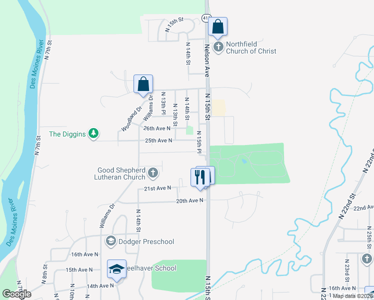 map of restaurants, bars, coffee shops, grocery stores, and more near 1303 25th Avenue North in Fort Dodge