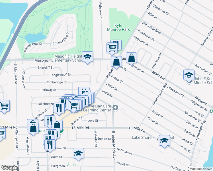 map of restaurants, bars, coffee shops, grocery stores, and more near 22306 Euclid Street in St. Clair Shores