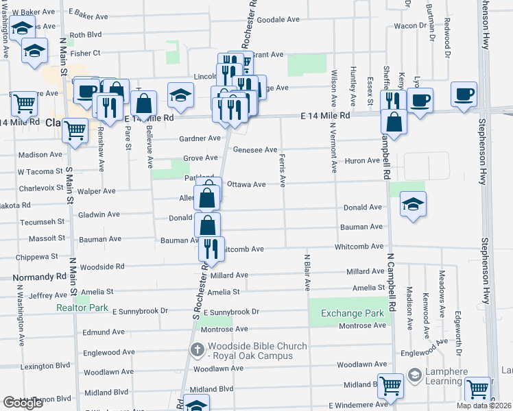 map of restaurants, bars, coffee shops, grocery stores, and more near 913 Donald Avenue in Royal Oak
