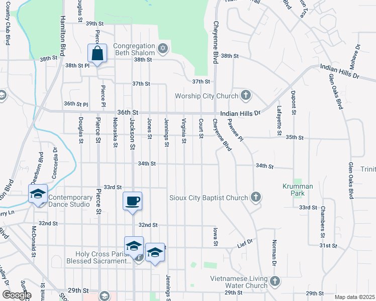 map of restaurants, bars, coffee shops, grocery stores, and more near 3400-3498 Virginia St in Sioux City