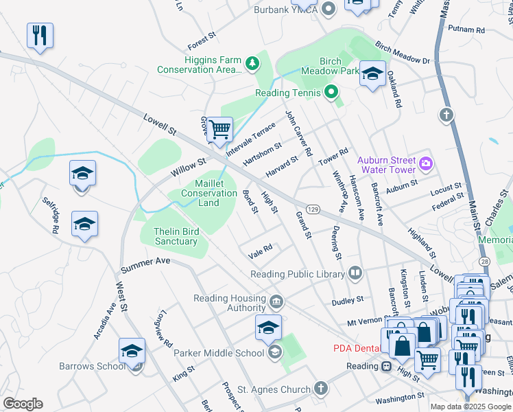 map of restaurants, bars, coffee shops, grocery stores, and more near 25 Bond Street in Reading