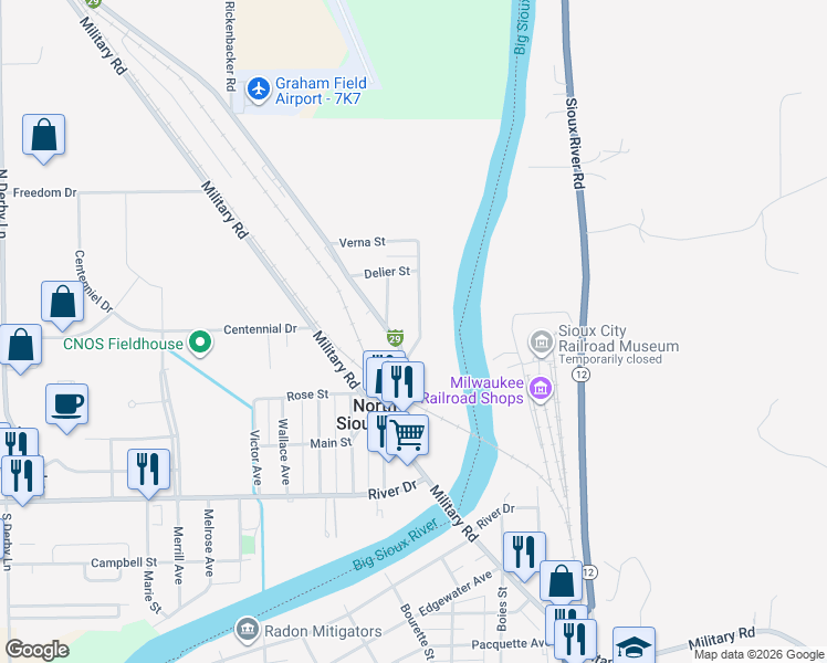 map of restaurants, bars, coffee shops, grocery stores, and more near 201 North Main Street in North Sioux City