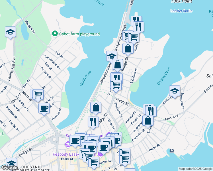 map of restaurants, bars, coffee shops, grocery stores, and more near 8 Cross St Ct in Salem