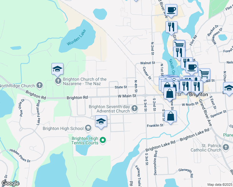 map of restaurants, bars, coffee shops, grocery stores, and more near 1004 West Main Street in Brighton