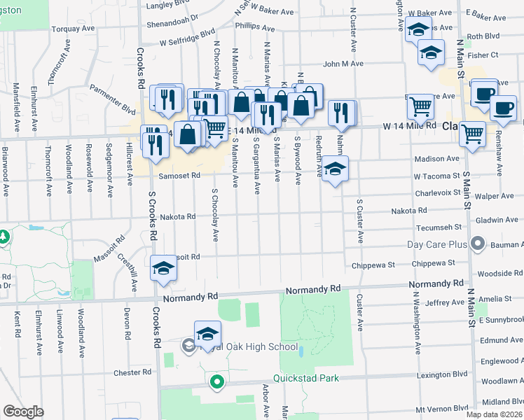 map of restaurants, bars, coffee shops, grocery stores, and more near 429 South Gargantua Avenue in Clawson