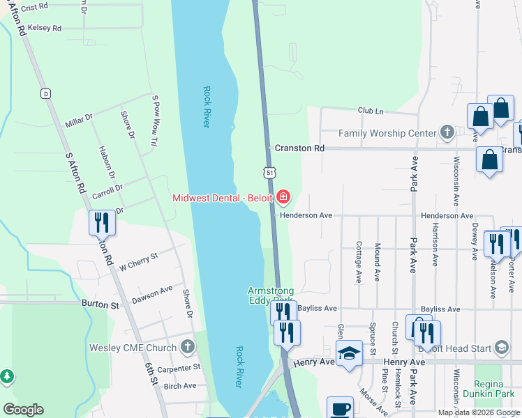 map of restaurants, bars, coffee shops, grocery stores, and more near 2056 South Riverside Drive in Beloit