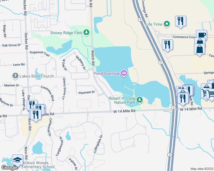 map of restaurants, bars, coffee shops, grocery stores, and more near 252 Shore Brook Lane in Walled Lake