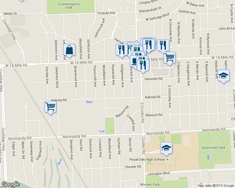 map of restaurants, bars, coffee shops, grocery stores, and more near 4410 Rosewold Ave in Royal Oak
