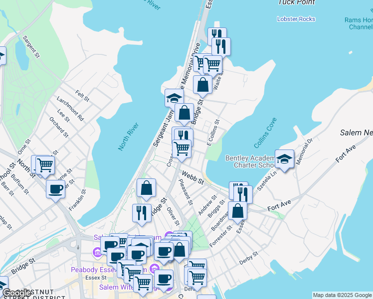 map of restaurants, bars, coffee shops, grocery stores, and more near 96 Bridge Street in Salem