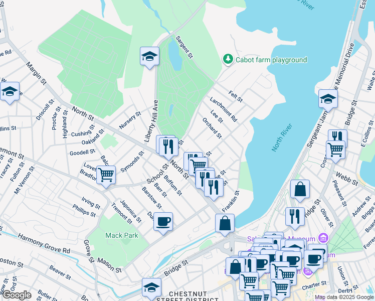 map of restaurants, bars, coffee shops, grocery stores, and more near 35 Walter Street in Salem