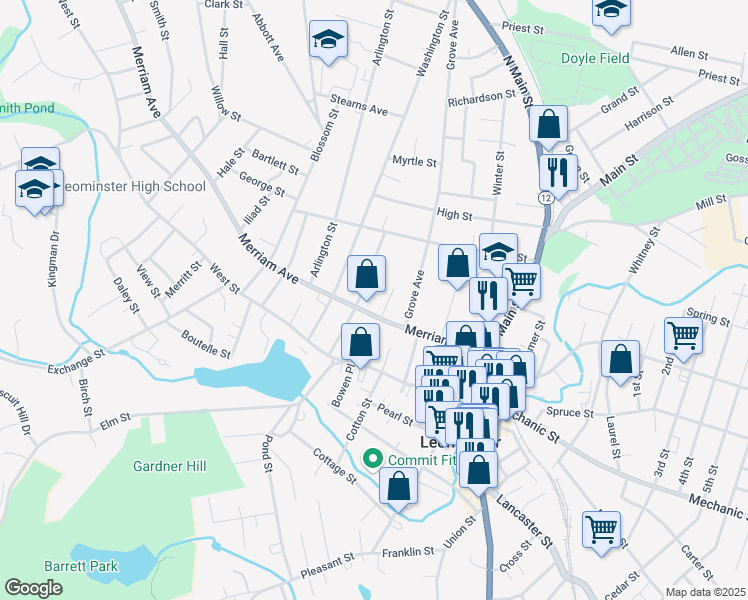map of restaurants, bars, coffee shops, grocery stores, and more near 14 Foster Court in Leominster