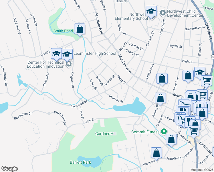 map of restaurants, bars, coffee shops, grocery stores, and more near 47 Exchange Street in Leominster