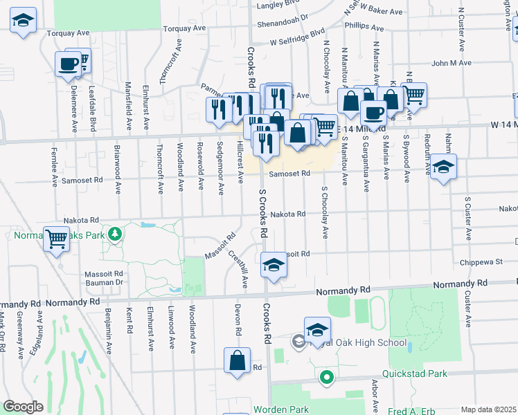 map of restaurants, bars, coffee shops, grocery stores, and more near 1710 Nakota Road in Royal Oak