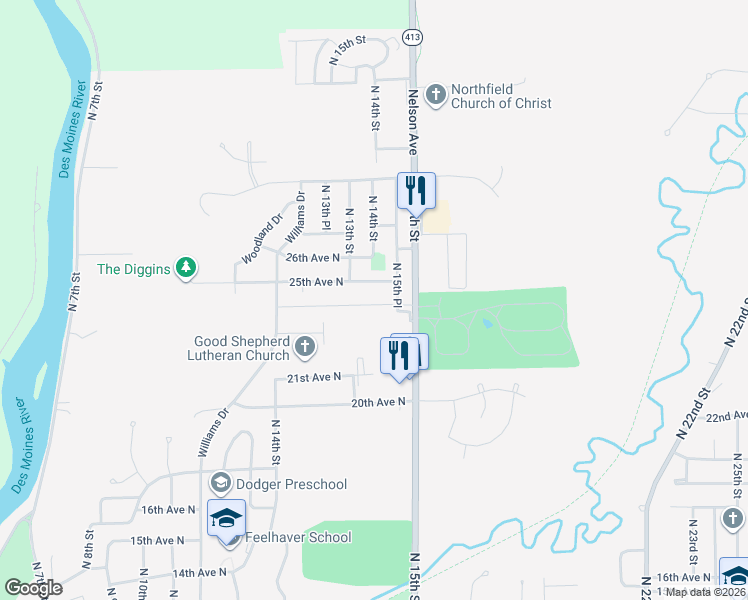 map of restaurants, bars, coffee shops, grocery stores, and more near 1303 25th Avenue North in Fort Dodge