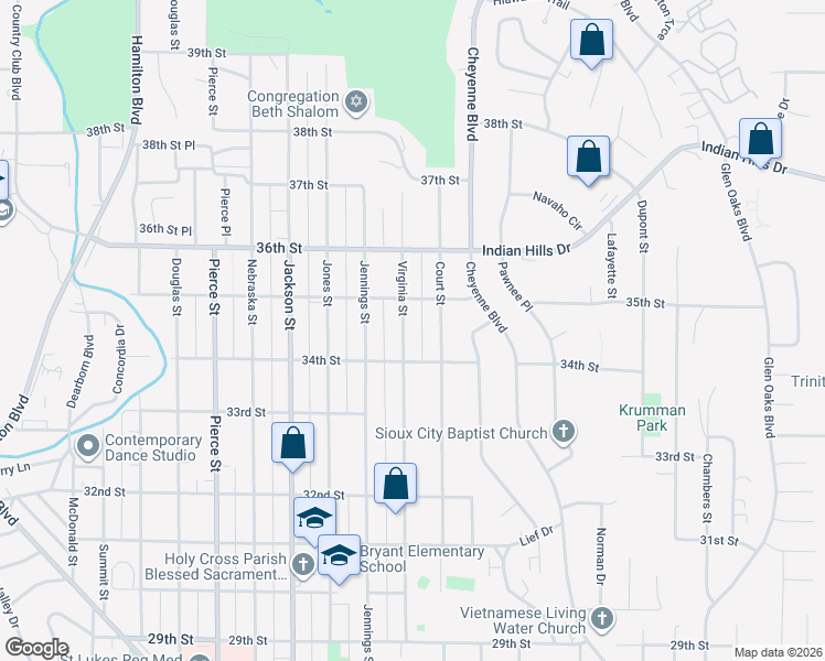 map of restaurants, bars, coffee shops, grocery stores, and more near 3400-3498 Virginia St in Sioux City