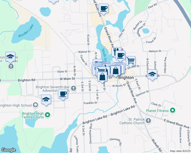 map of restaurants, bars, coffee shops, grocery stores, and more near 500 West Main Street in Brighton