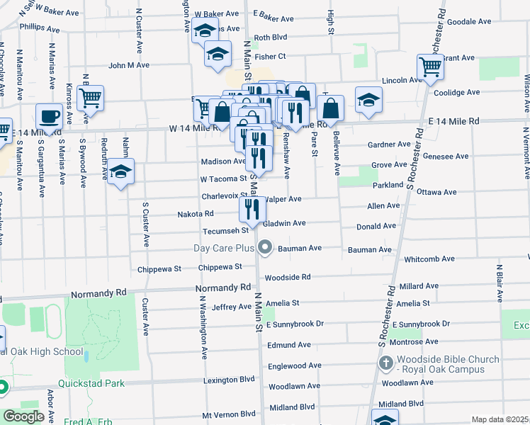 map of restaurants, bars, coffee shops, grocery stores, and more near 533 South Main Street in Clawson